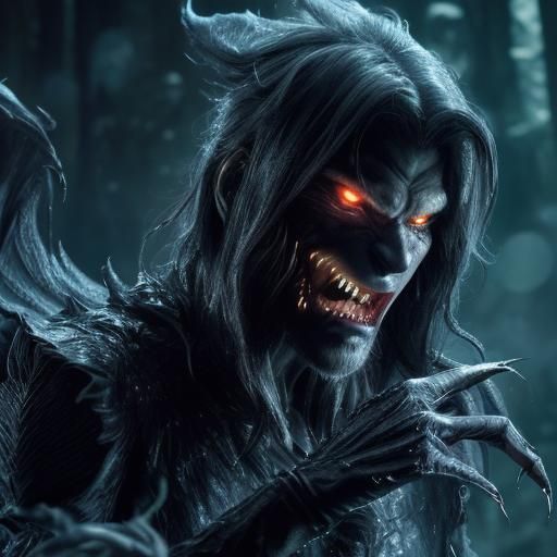 Glowing Vampire-Werewolf-Wraith Hybrid in Liquid Darkness