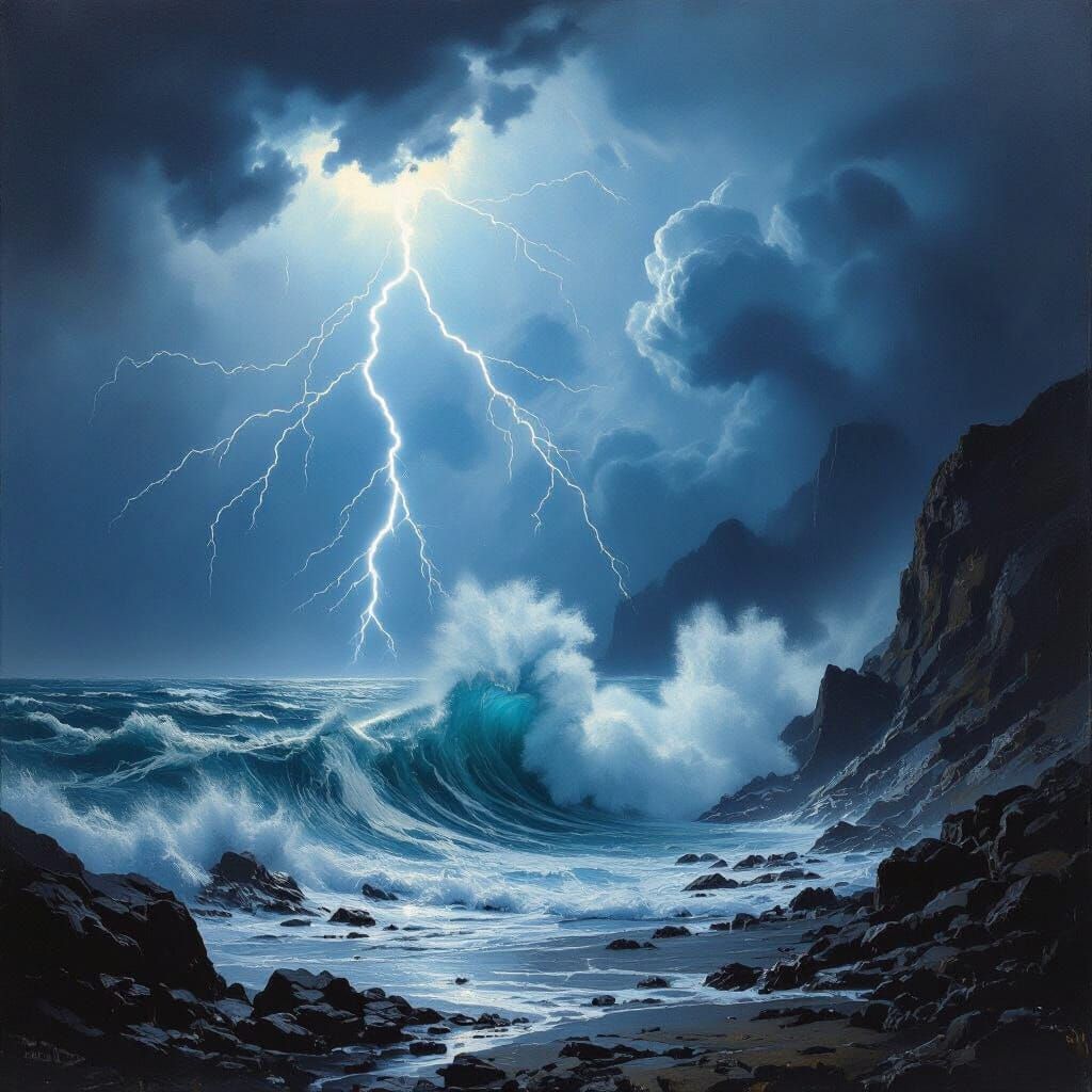 Furious Thunderstorm Over Mountain and Sea