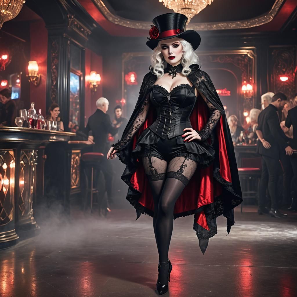 Elegant Vampire with Red Eyes in Smoky Nightclub