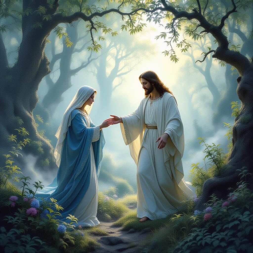 Jesus Guides Virgin Mary Through Misty Forest