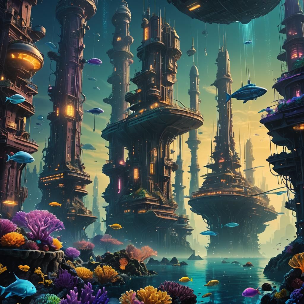 Underwater City Illuminated by Bioluminescent Sea Life