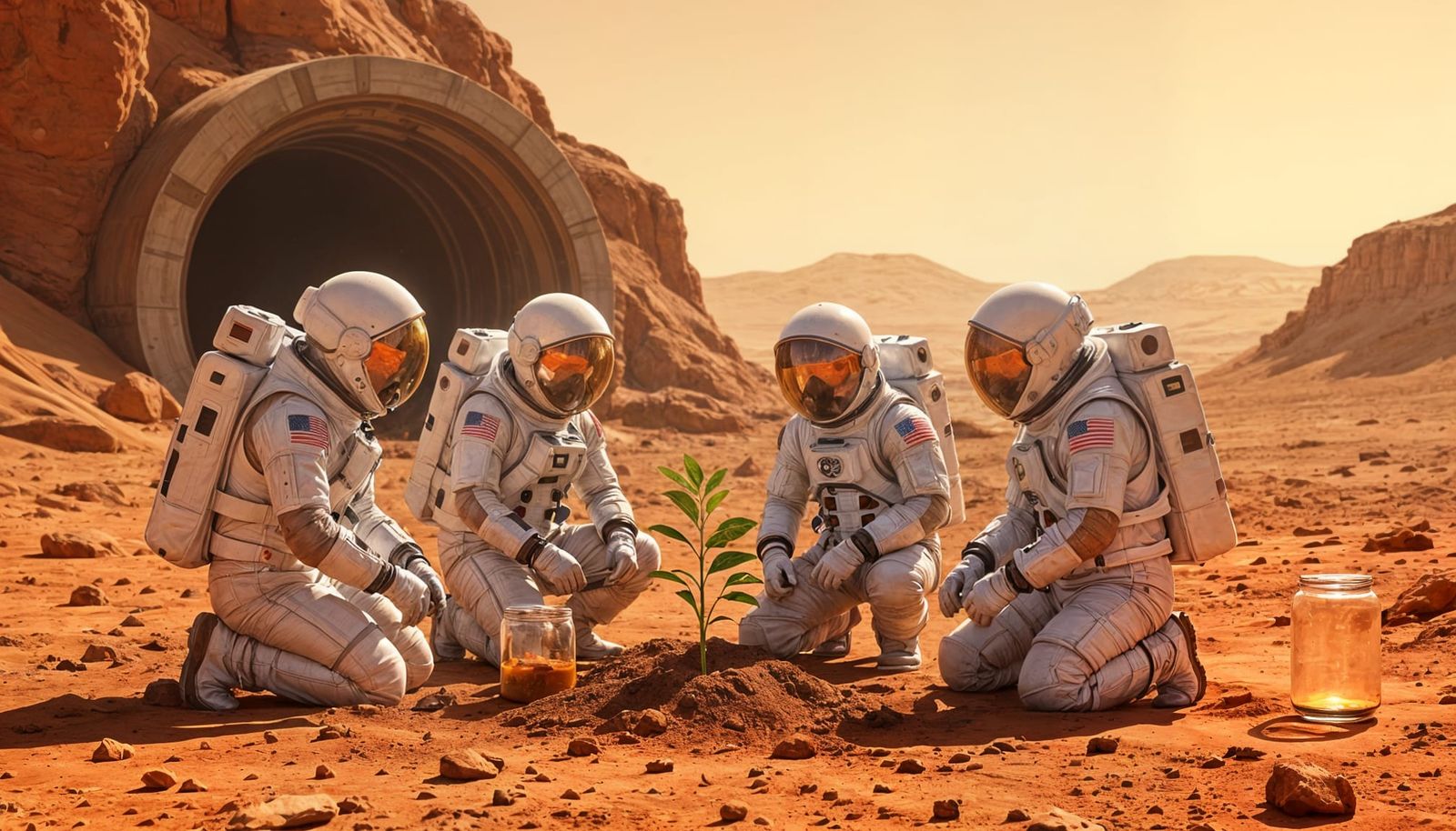 Astronauts Planting Genetically Engineered Plants on Mars