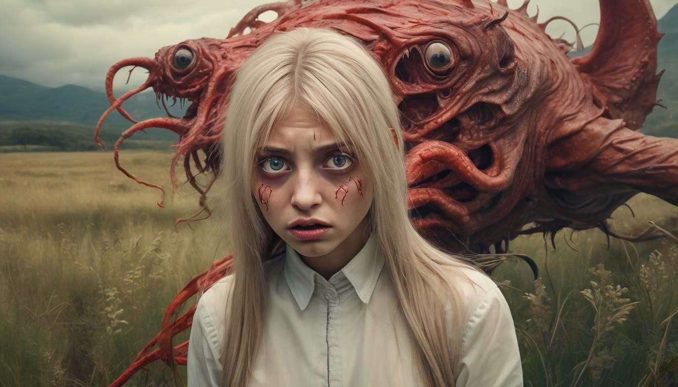 Surreal Monster with Crying Eyes in Dreamlike Meadow