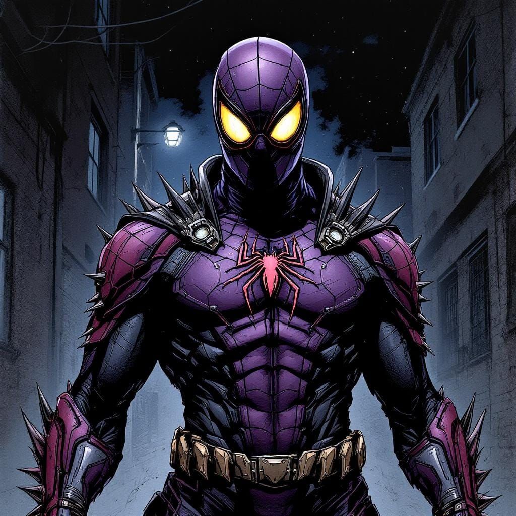 Menacing Spider-Hero in Dark Alley, Gothic Ink Art