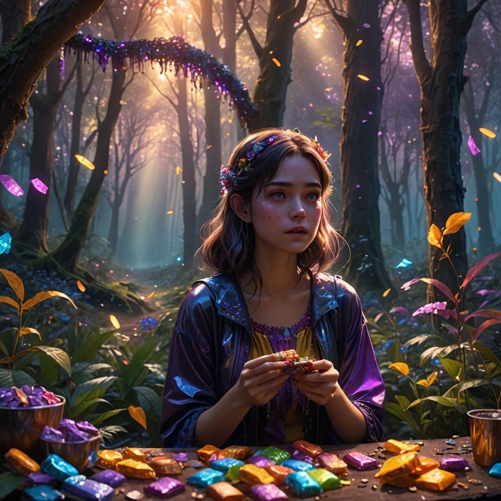 Girl Eats Candy Bar in Mystical Forest: Matte Painting