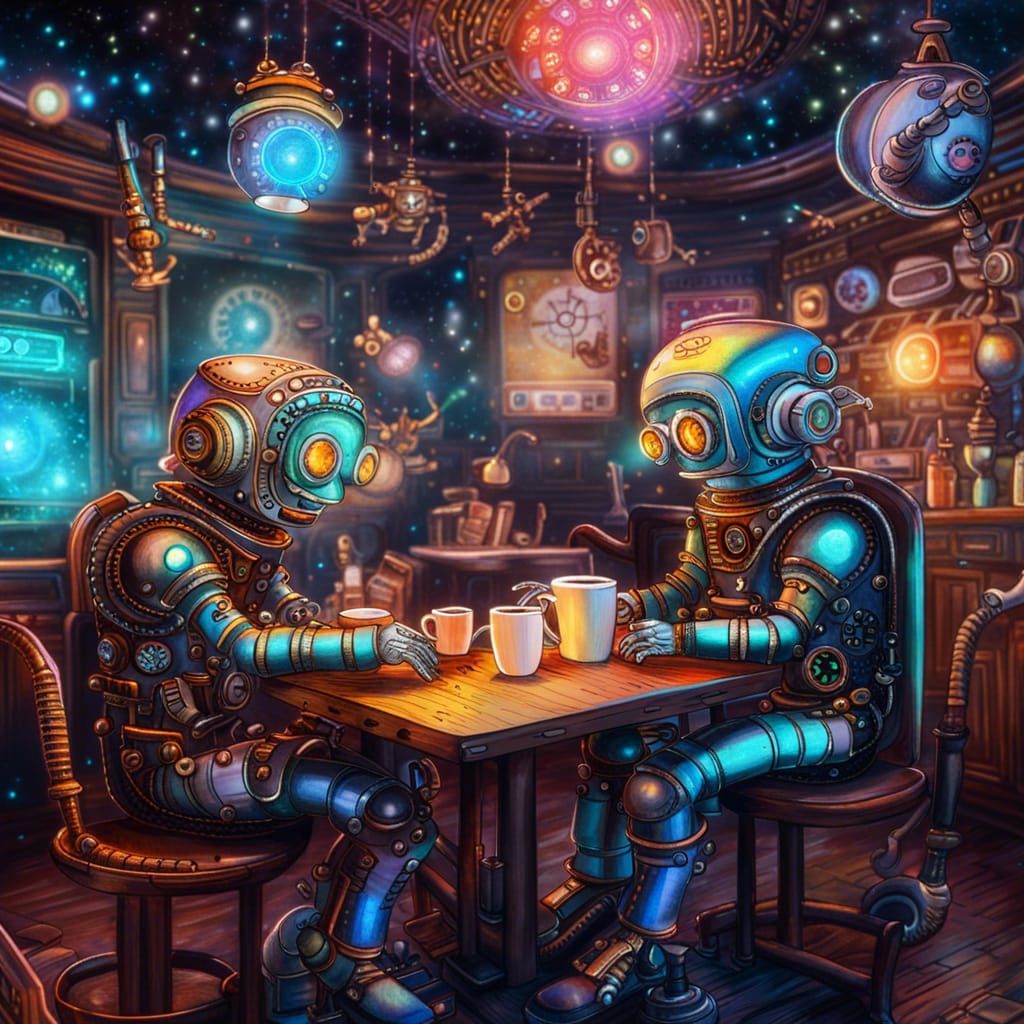 Steampunk Robots Enjoy Coffee in Space