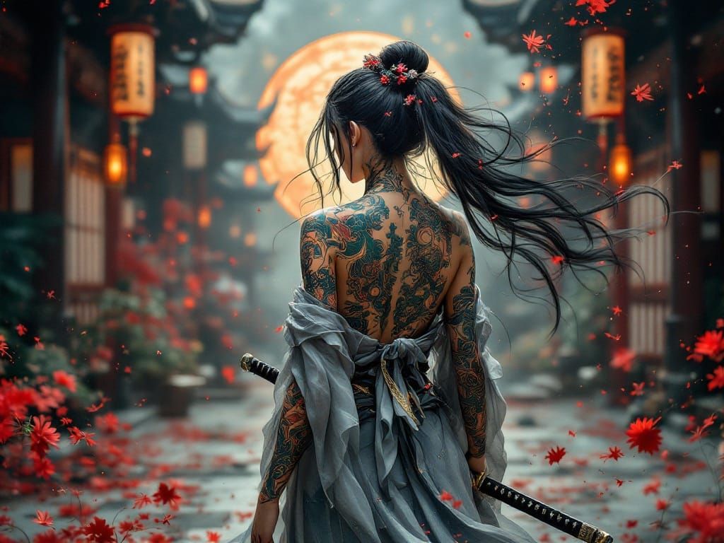 Elegant Samurai Goddess in Ancient Japanese Dojo