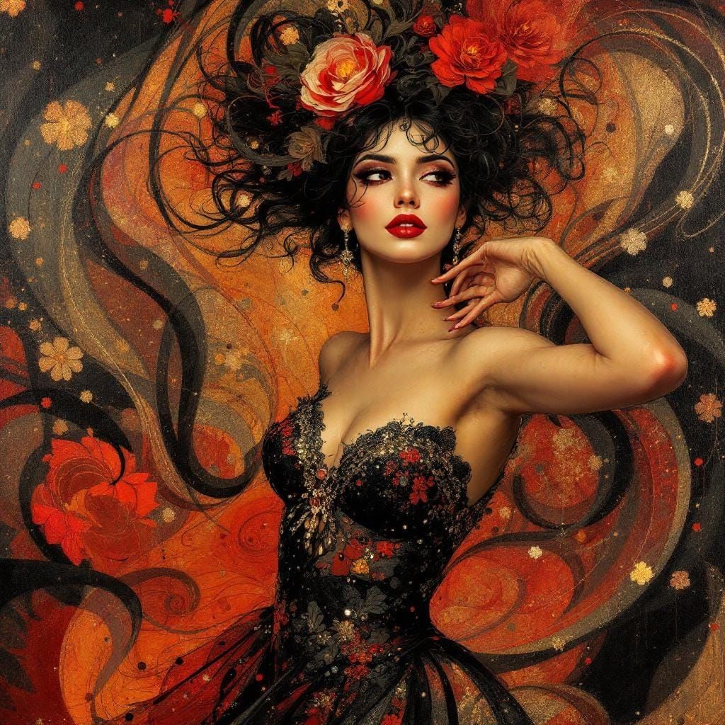 Spanish Dancer in Klimt Style with Red and Black Hues