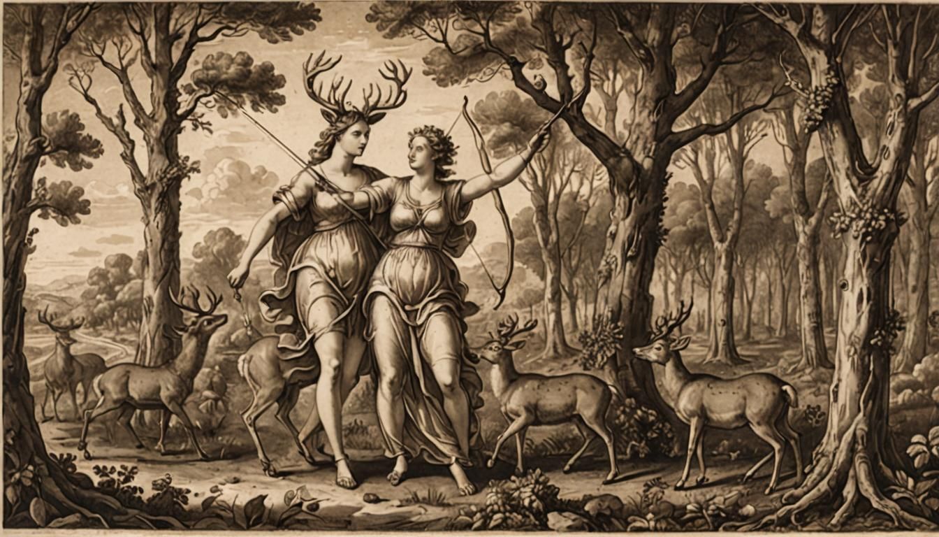 Artemis Hunting Deer: Sepia-Toned Etching