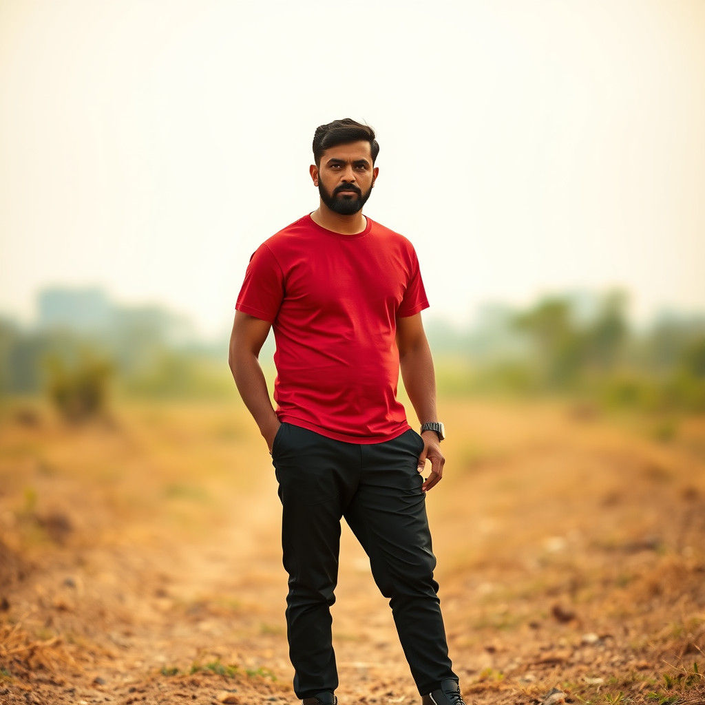 Indian Man in Red T-Shirt, Natural Lighting
