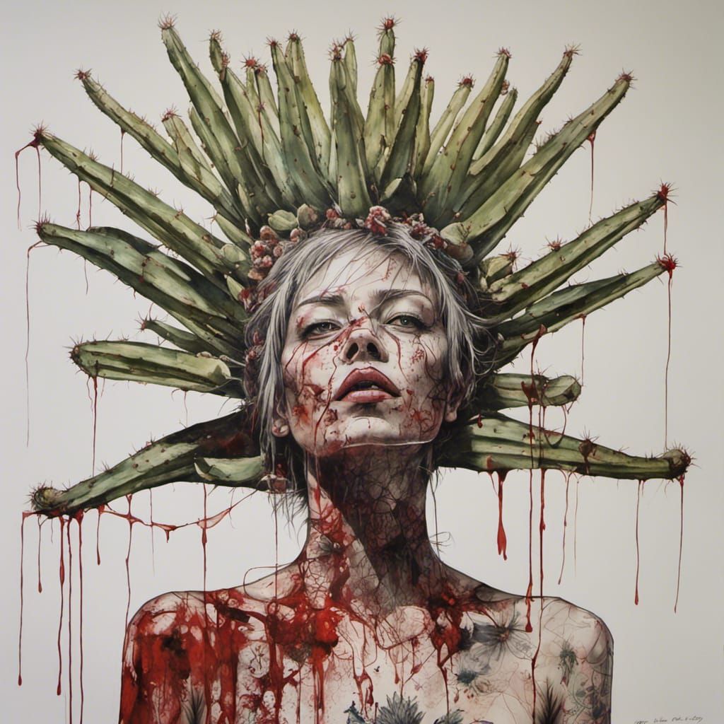 Hyperdetailed Cactus Ink Drawing in Full Colour