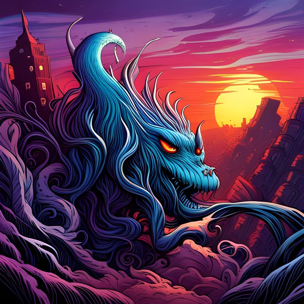Psychedelic Monster in Surreal Cityscape