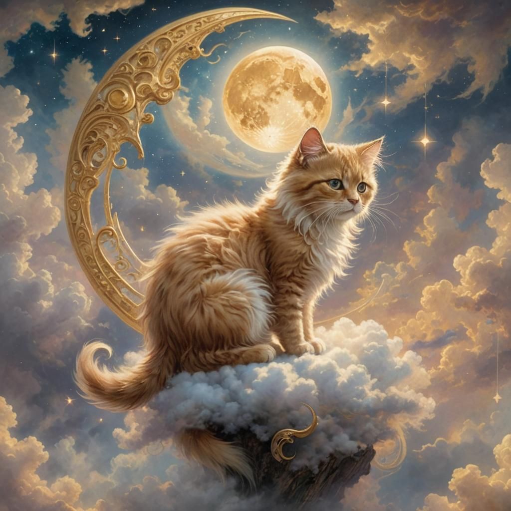 Astral Kitten Holding Moon in Ethereal Fantasy Mist