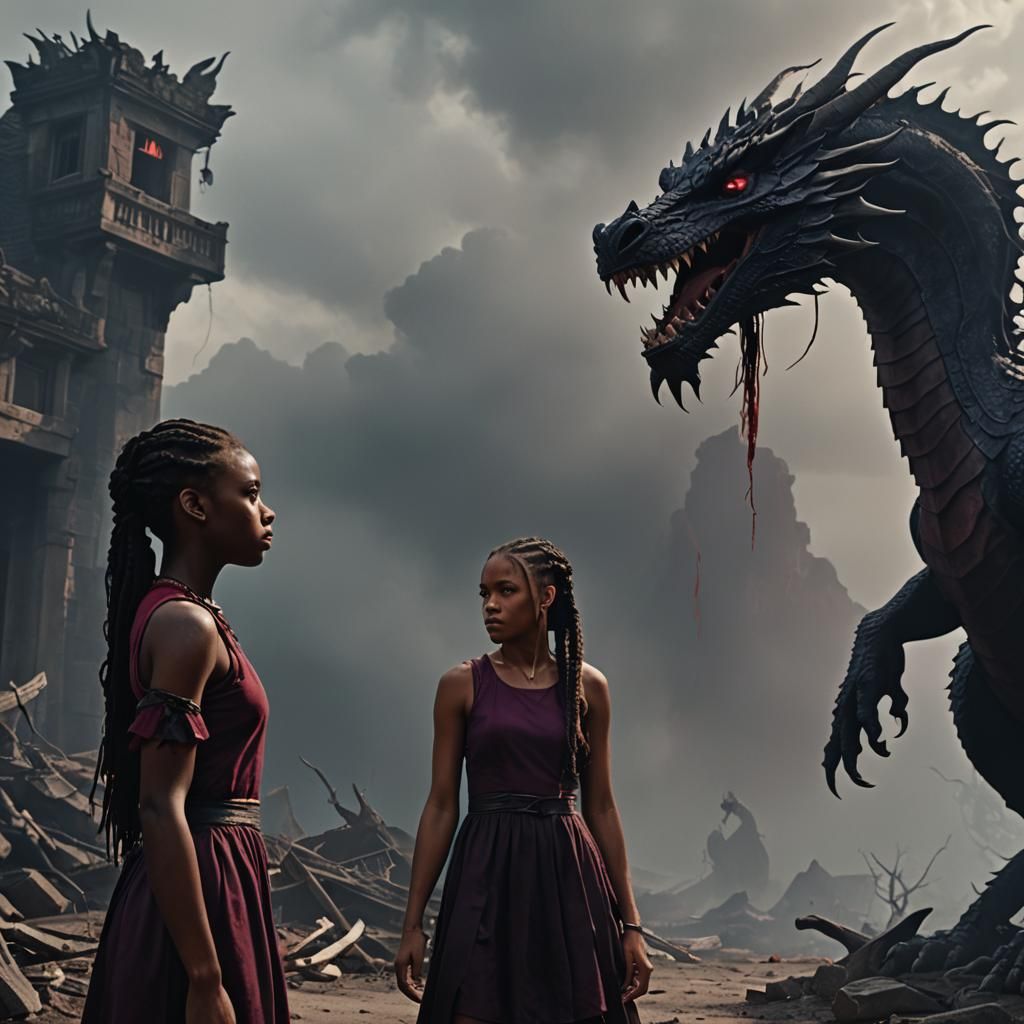Two Girls and a Dragon: Cinematic Film Still