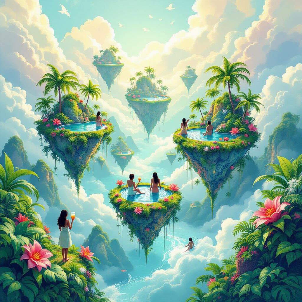 Tropical Floating Islands Above Earth, Zentangle Inspired