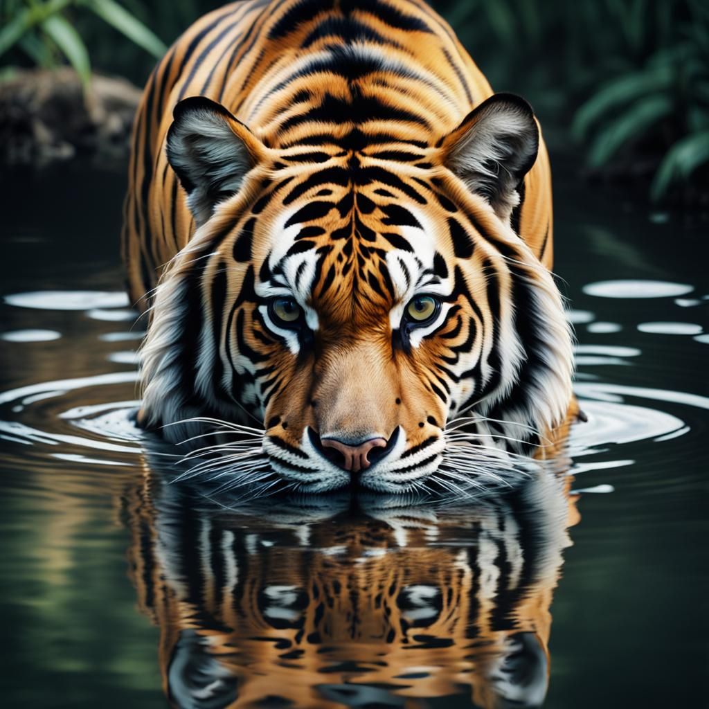 Tiger's Fierce Reflection in Clear Water
