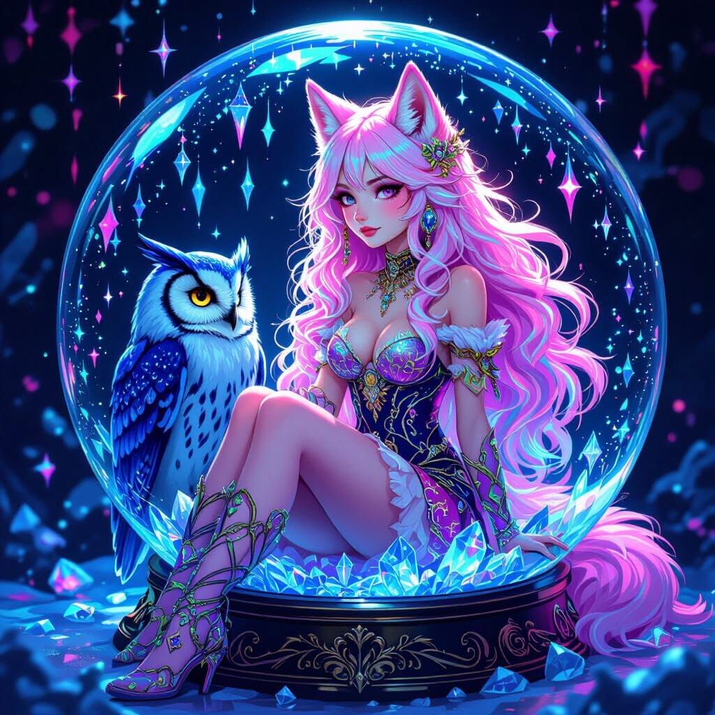Wolf-Girl and Owl in Snow Globe with Psychedelic Art