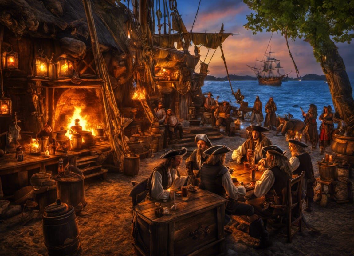 Pirate Secret Hideout with Drinking Pirates in HDR Style