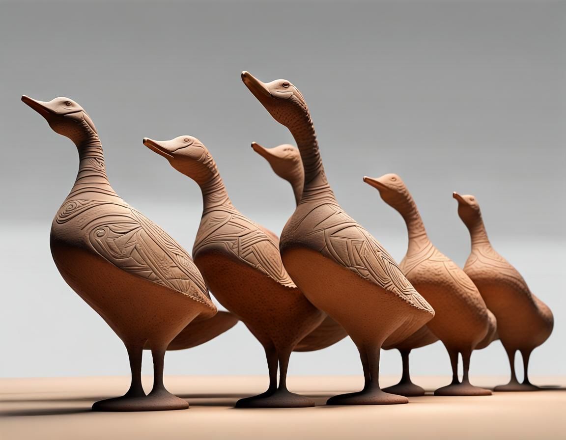 Paleolithic Clay Geese Pottery in Polychromatic Colors