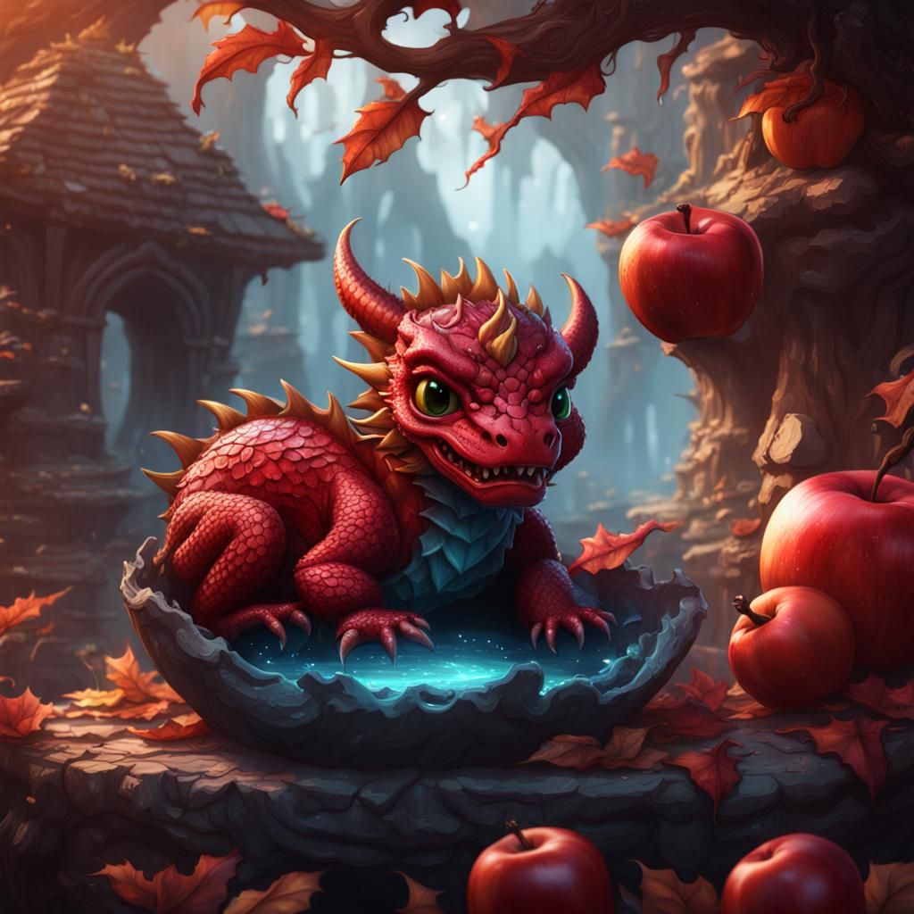 Chibi Red Dragon Asleep in Apple: Fantasy Art