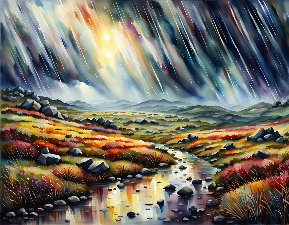 Watercolor Raining Day on Icelandic Moor