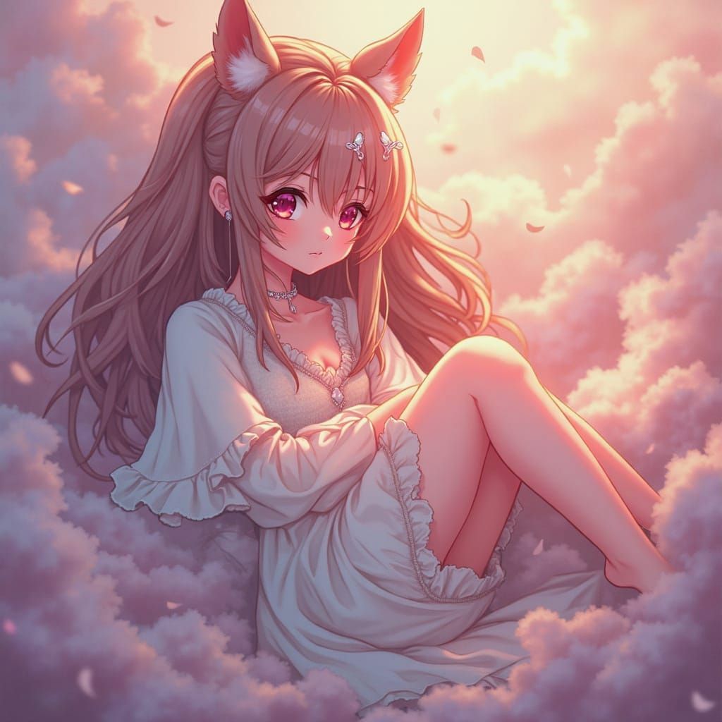 Dreamy Wolf Girl in Soft Focus Clouds