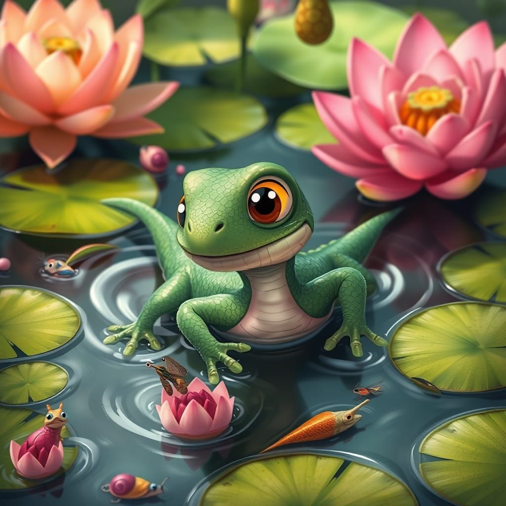 Playful Baby Water Dragon in Lotus Pond