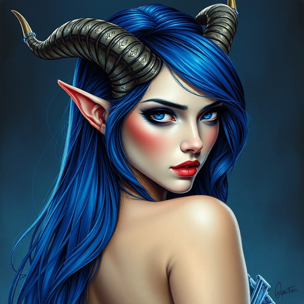 Tiefling Woman with Blue Hair in Mystical Realism Style