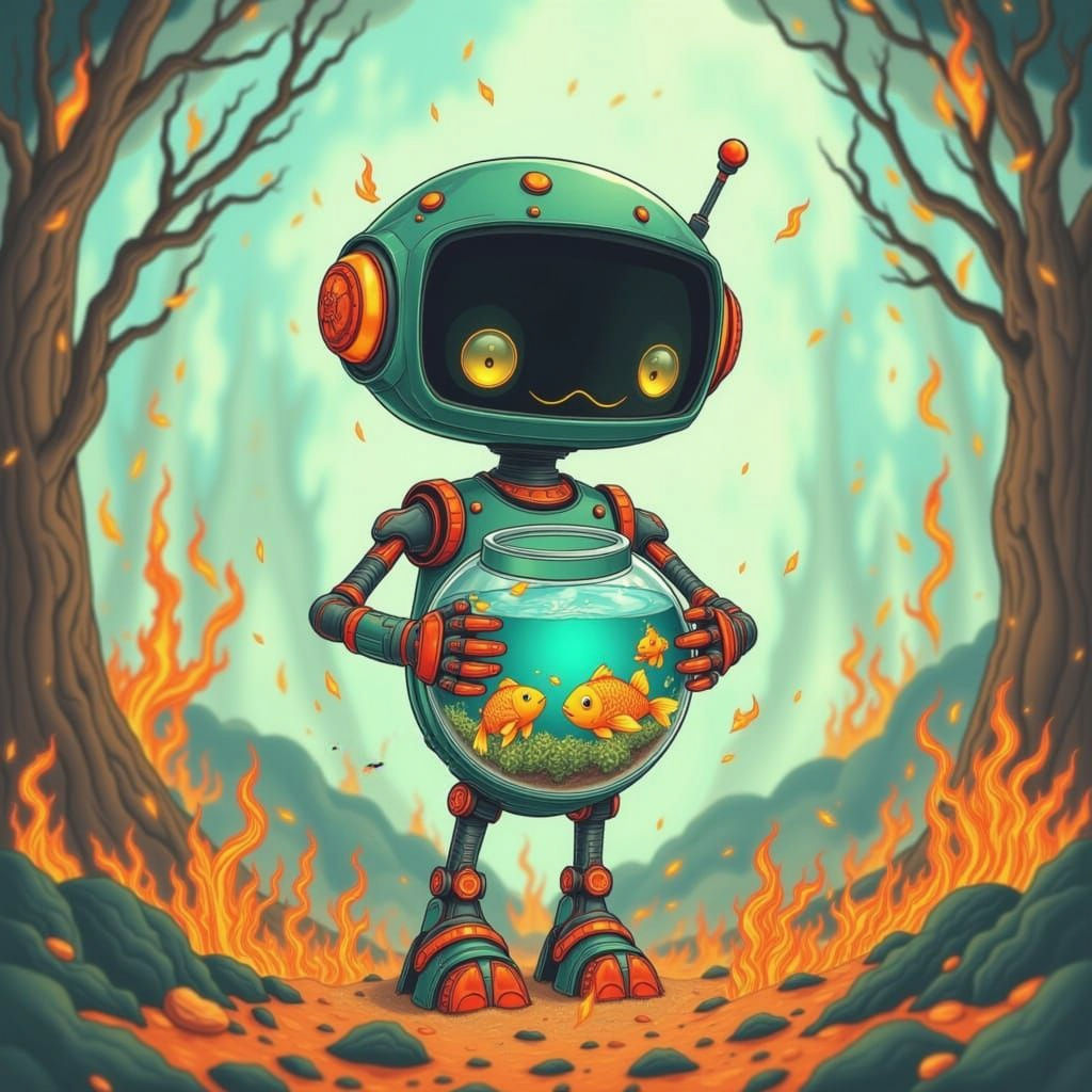 Cute Robot Holding Fishbowl