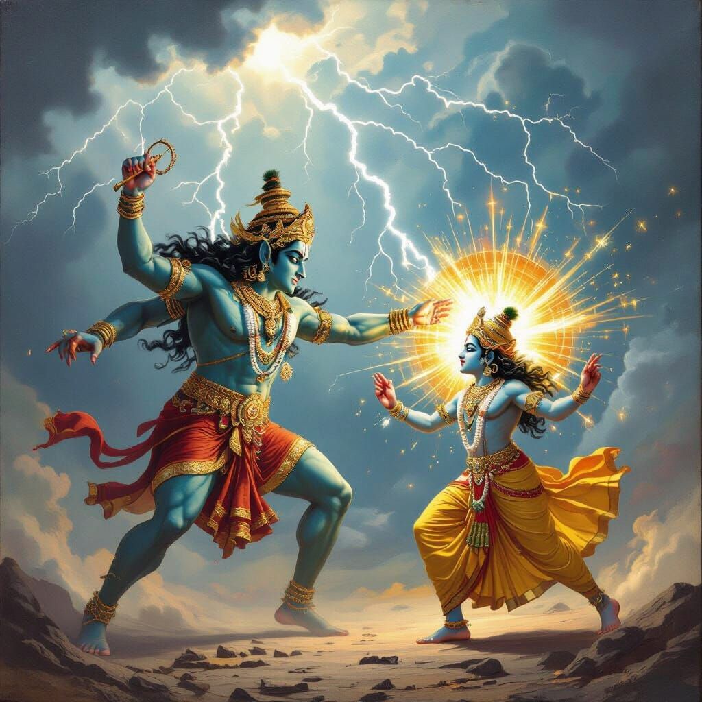 Demon Mura Attacks Krishna Amidst Thunderstorm