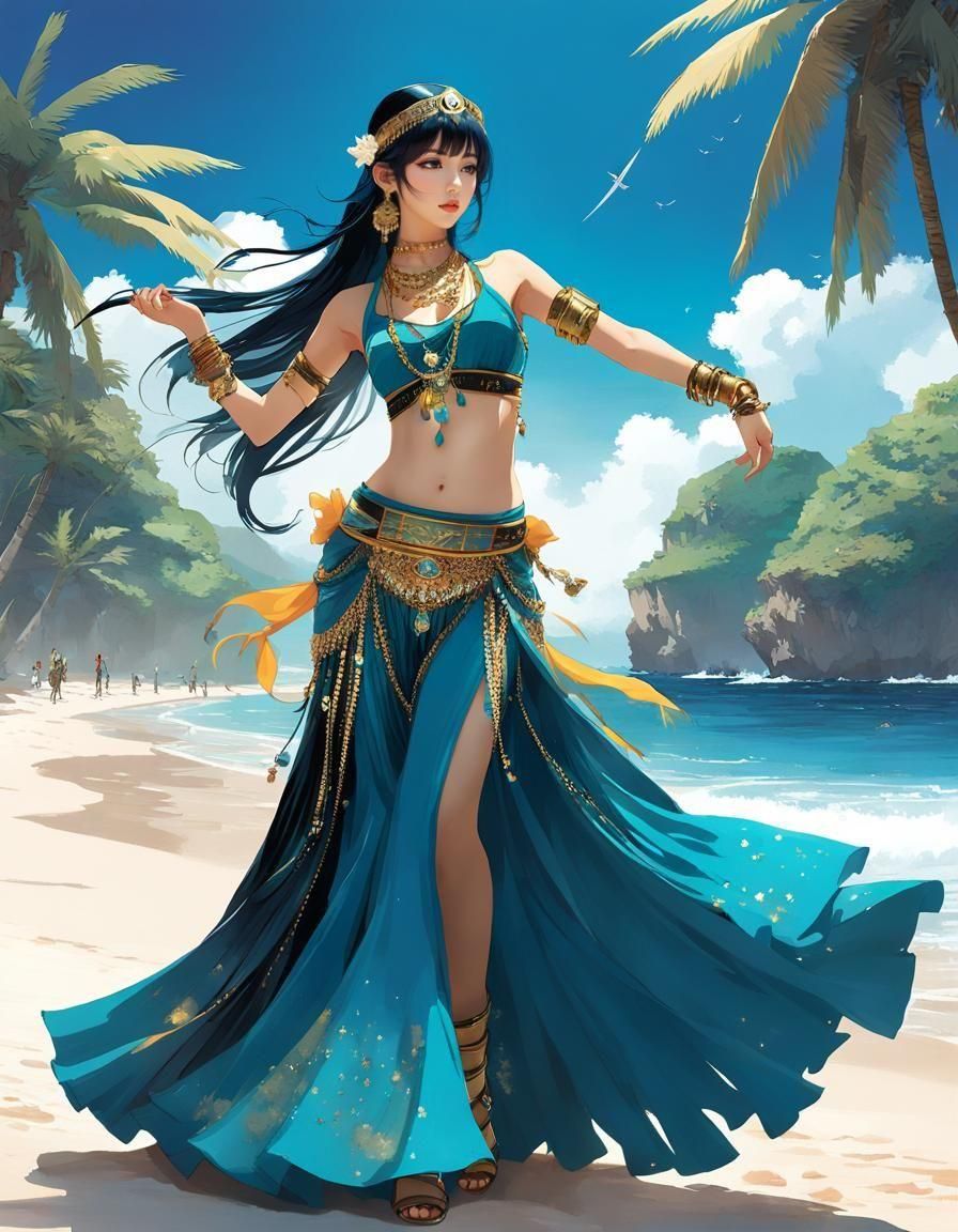 Aetherpunk Belly Dancer on Enchanted Beach, Anime Style