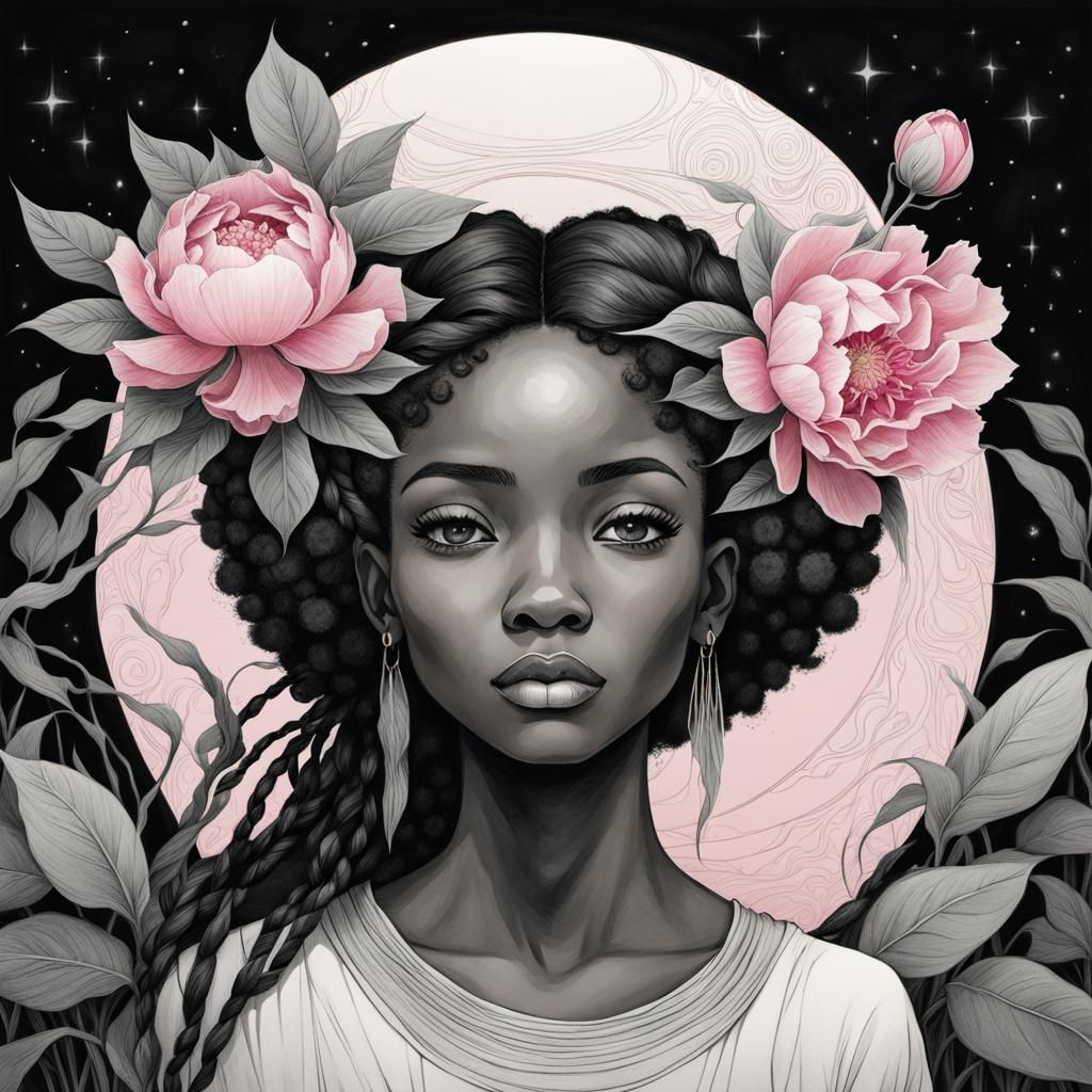 Woman with Peony: Ink Sketch Fantasy Art