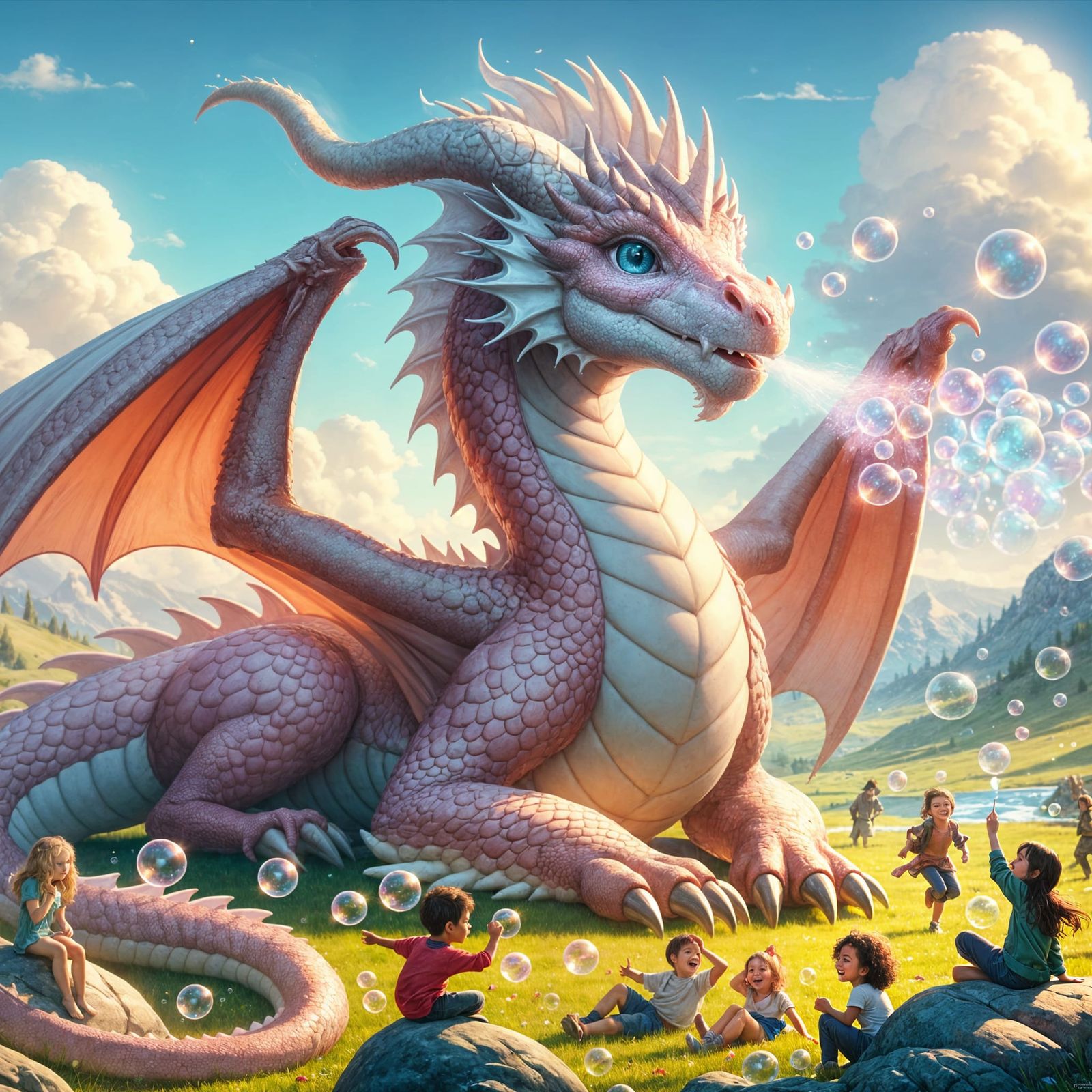 Friendly Pink Dragon Blowing Bubbles in Fantasy Landscape