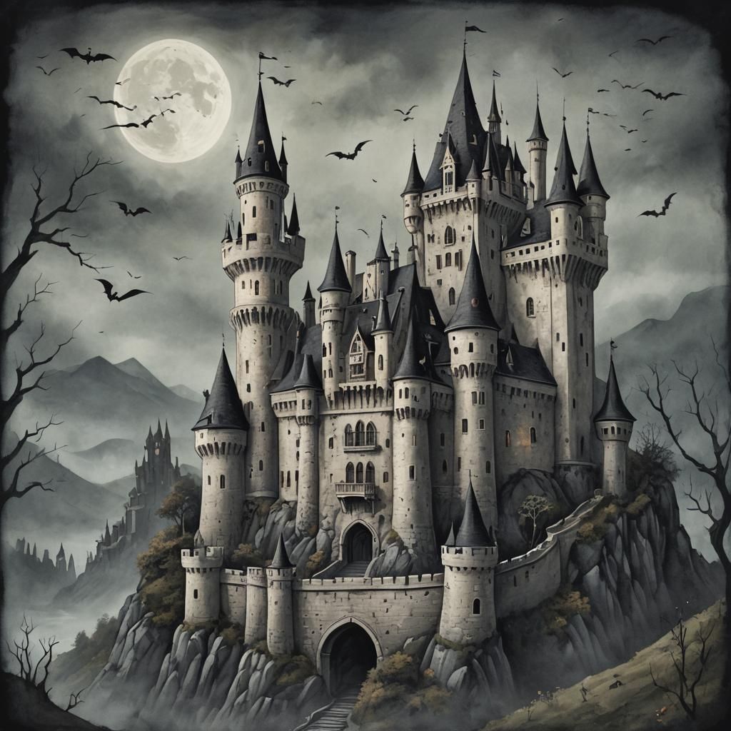Spooky Castle in Botanical Art Style