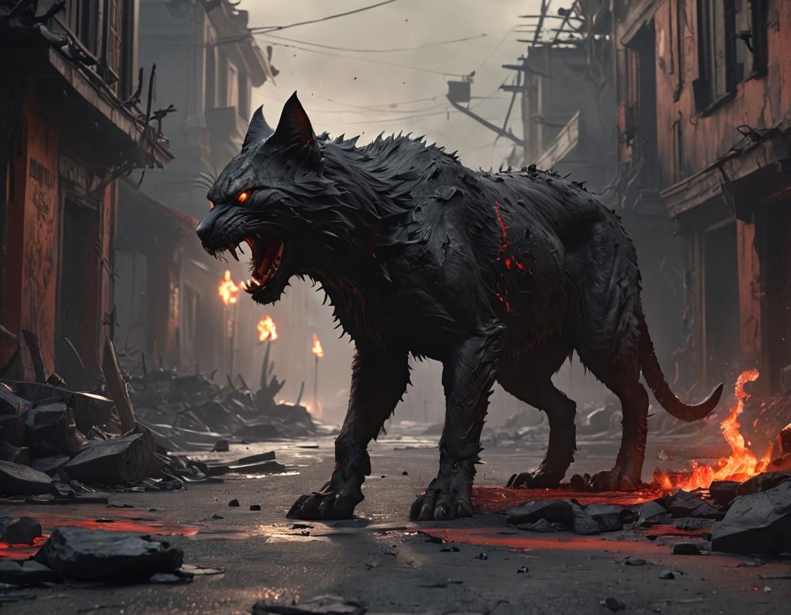 Demonic Cat and Hellhound Battle in Apocalyptic City