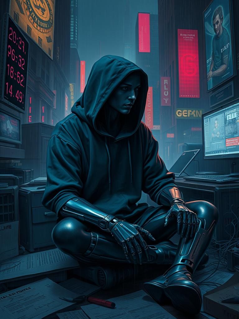 Contemplative AI Cyborg in Cyberpunk Melancholia