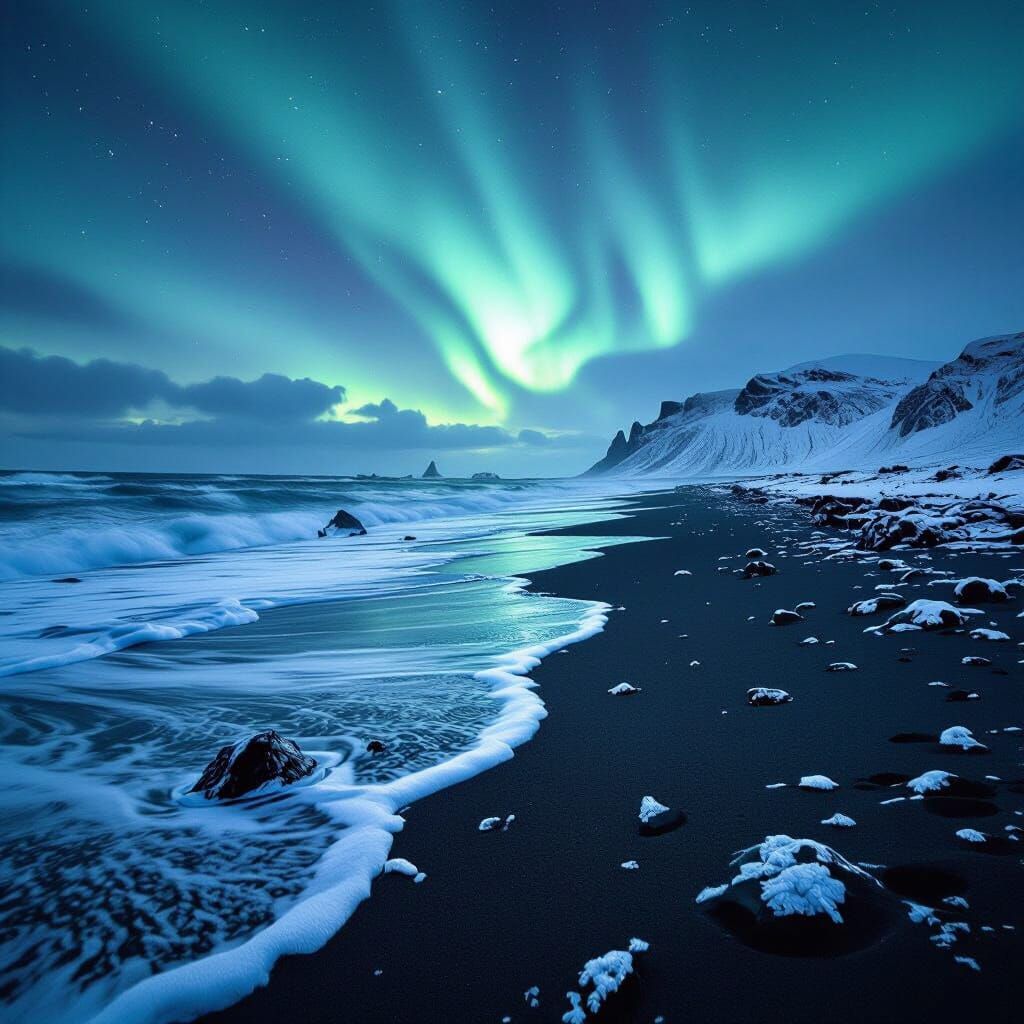 Icelandic Black Sand Beach Under Northern Lights
