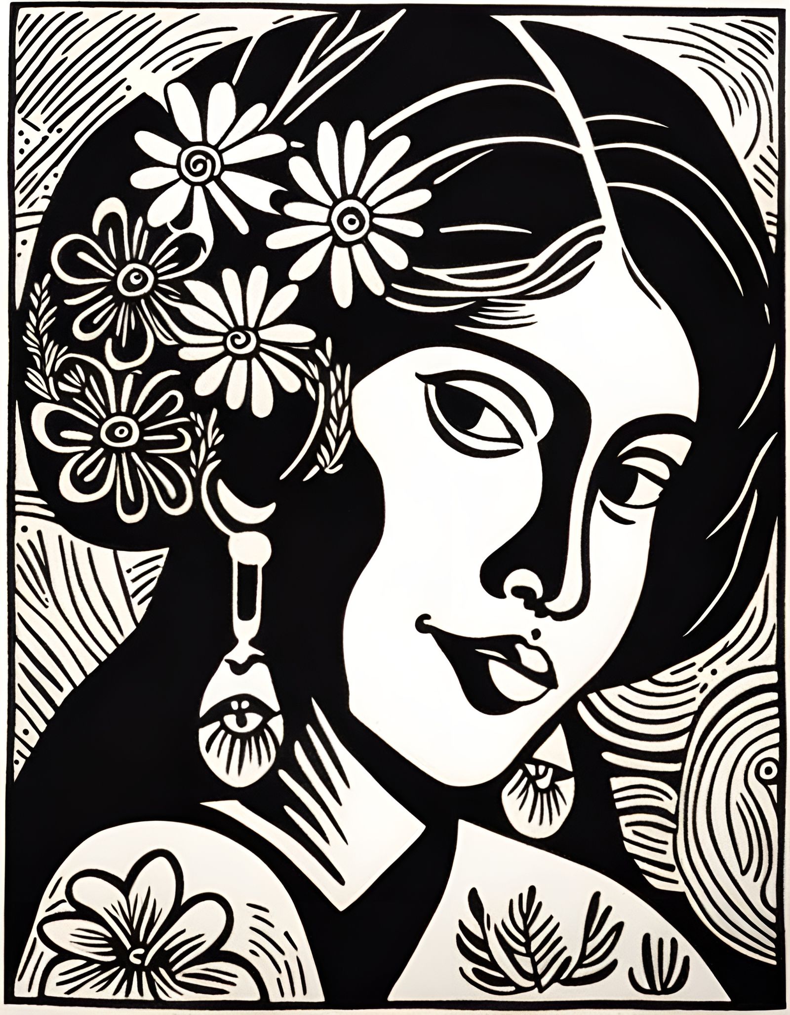 Linocut Portrait of Mexican Woman with Flowers