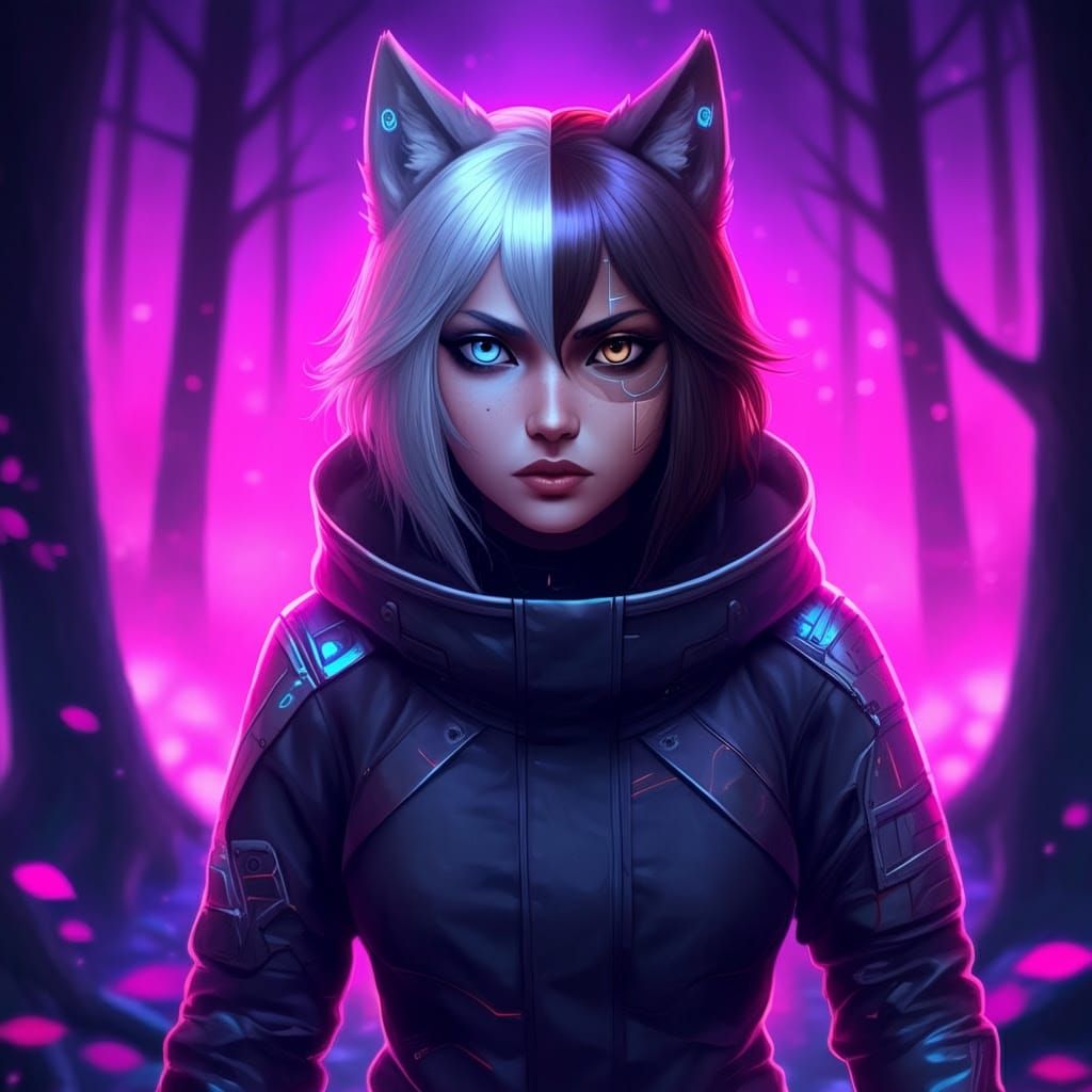 Cyberpunk Wolf Character in Neon Forest