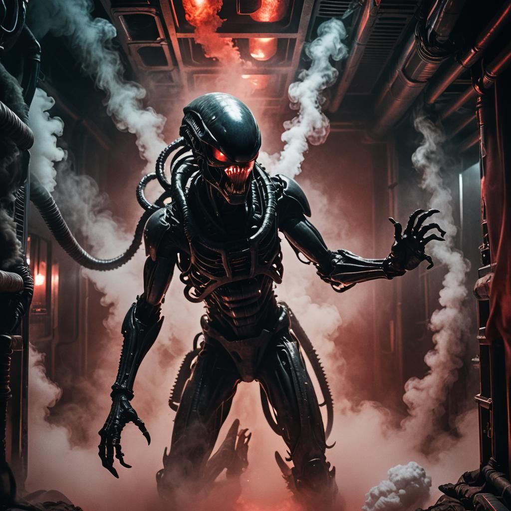 xenomorph inside an air duct, smoke and dry ice, red light b...