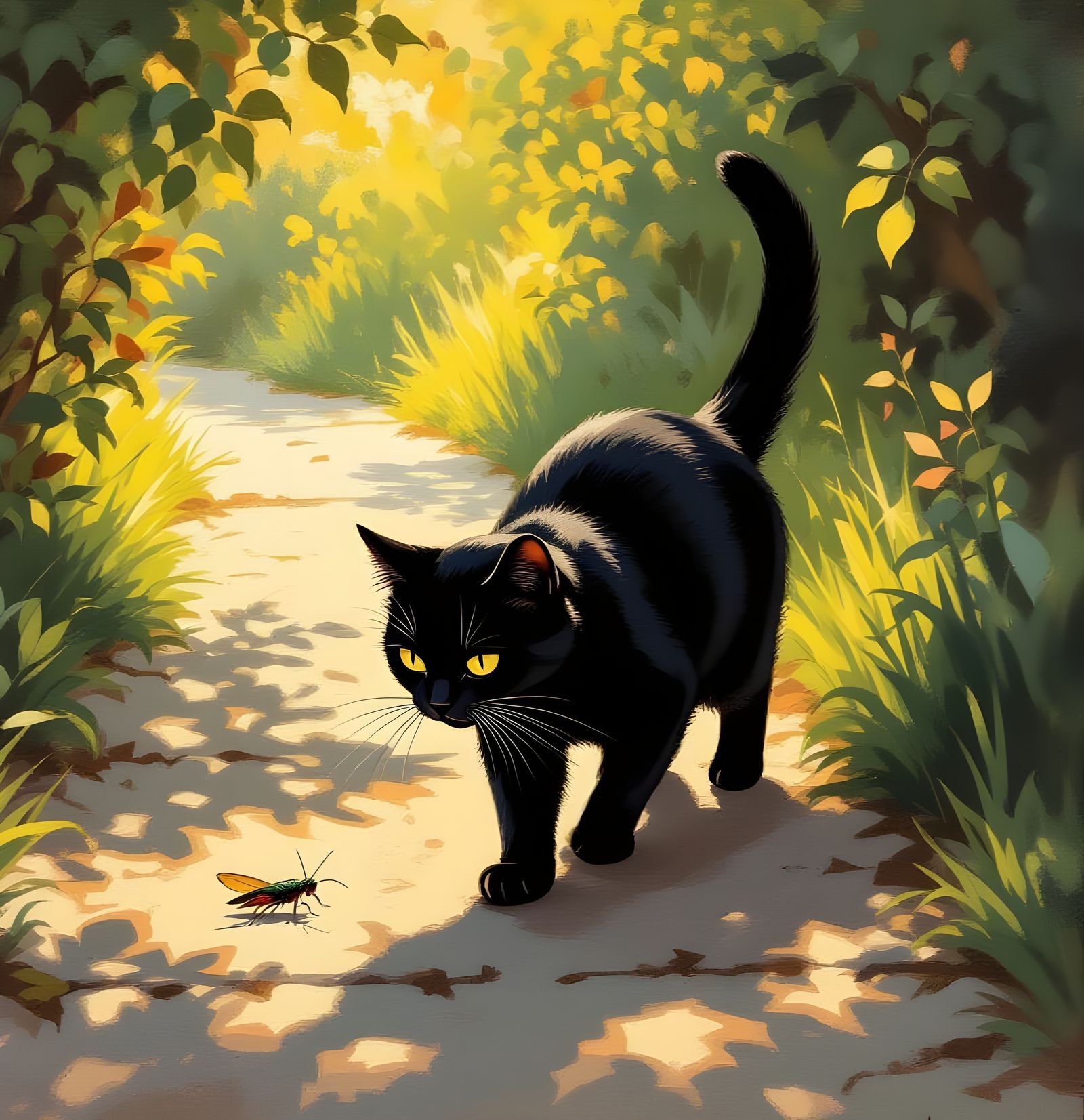 Black Cat Stalking Cricket in Sunlit Garden