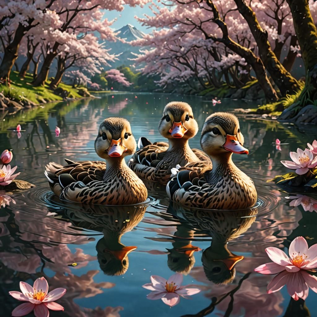 Mythical Ducks Swimming in Cherry Blossom Lake
