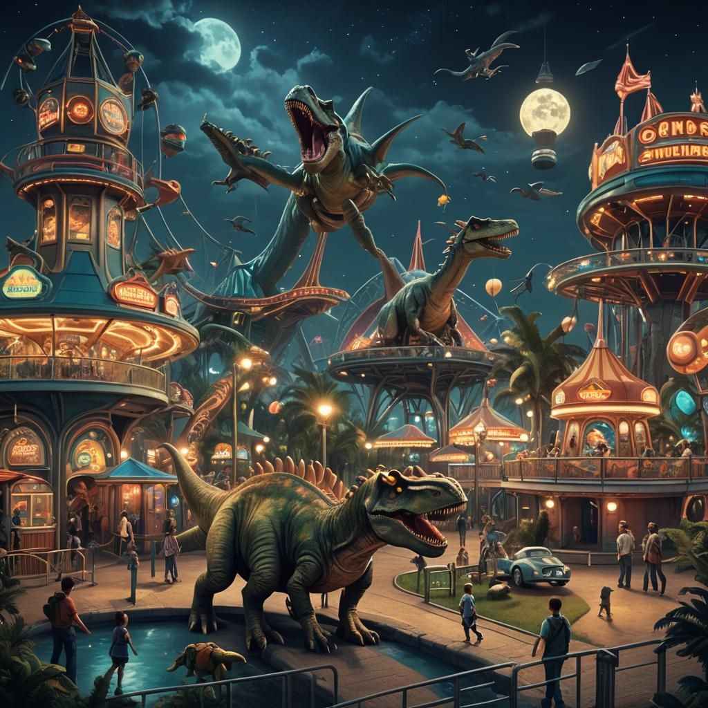 Dinosaurs Roam a Futuristic Amusement Park