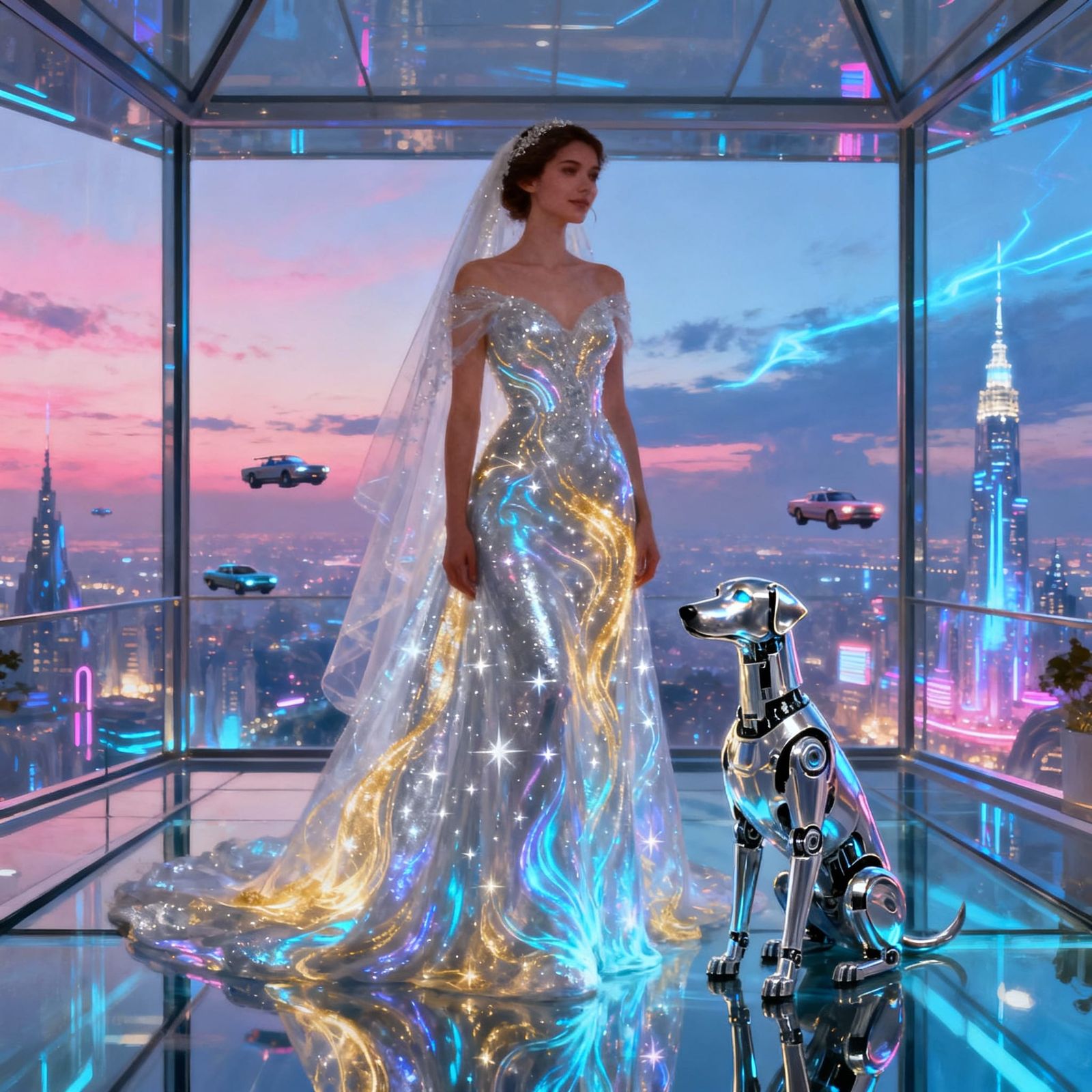 Futuristic Bride and Robot Dog in Utopian City