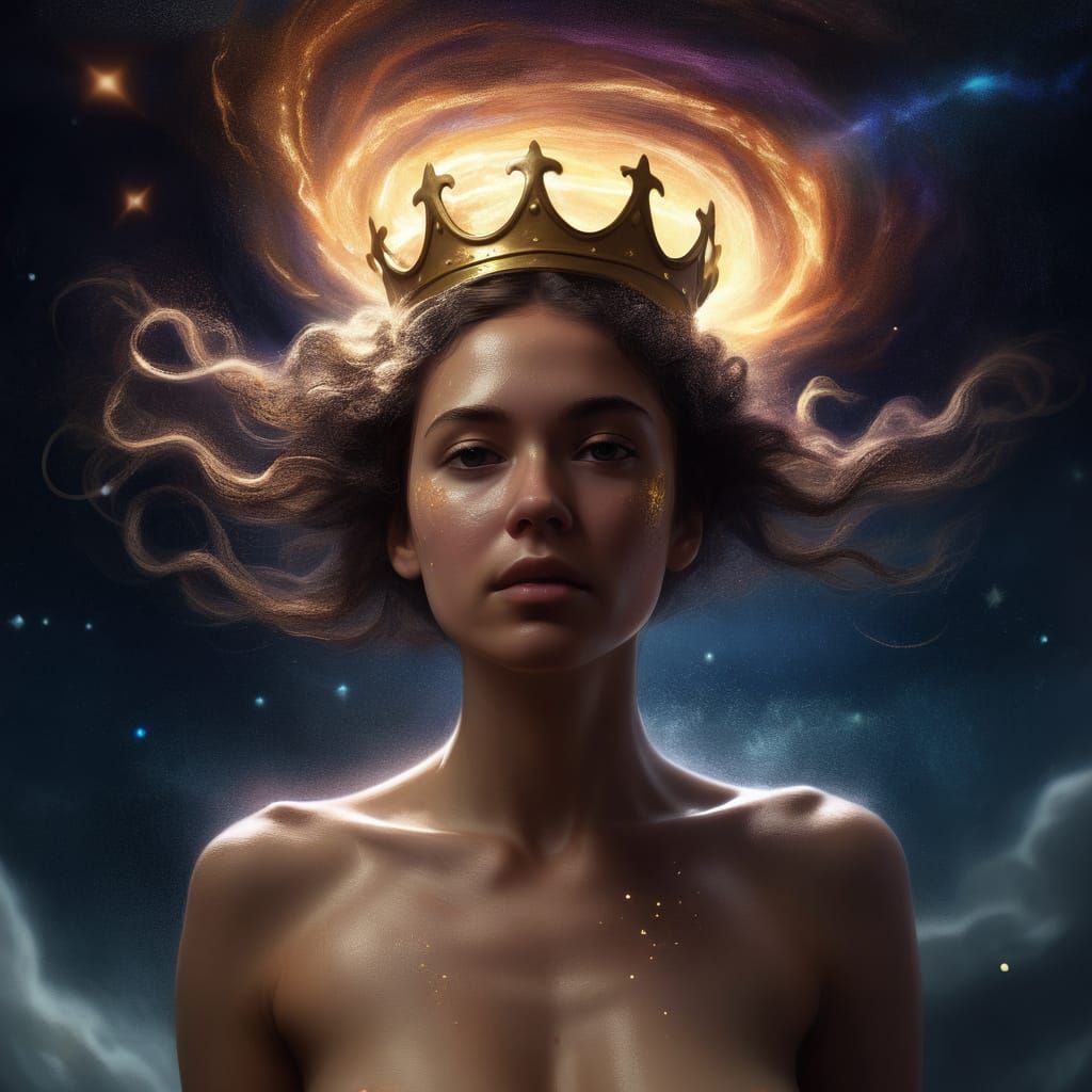 Resilient Woman on Precipice Overlooking Cosmic Storm