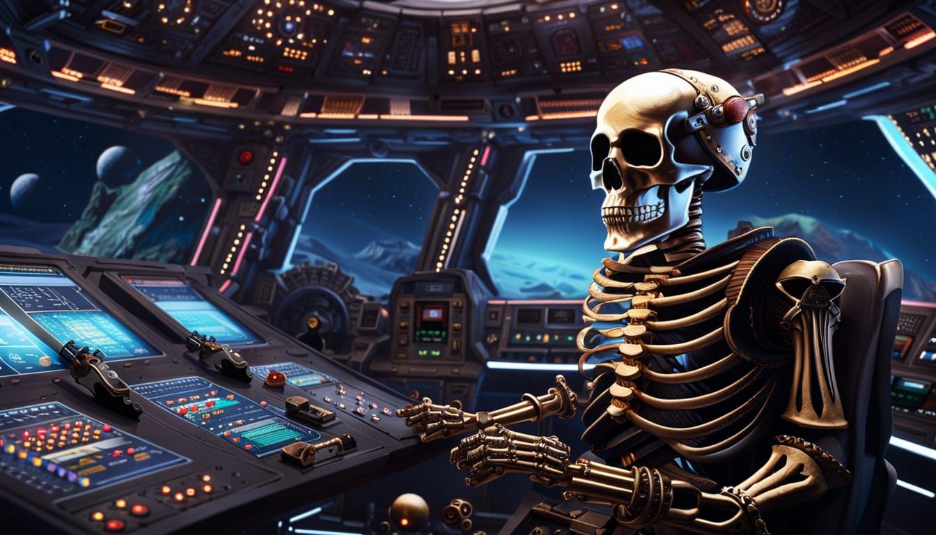 Space Pirate Skeleton Captain in Cosmic Action Painting
