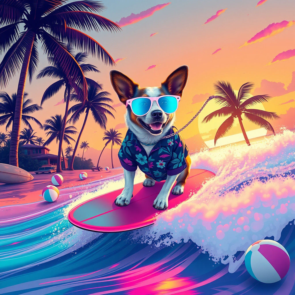 Dog Surfing in a Synthwave Beachscape