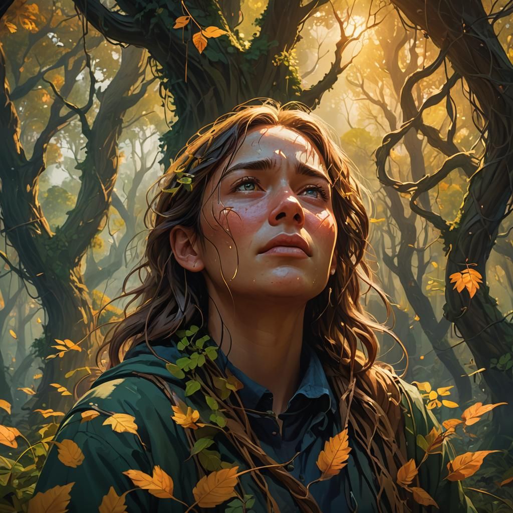 Person Crying in a Fantastical Forest Painting