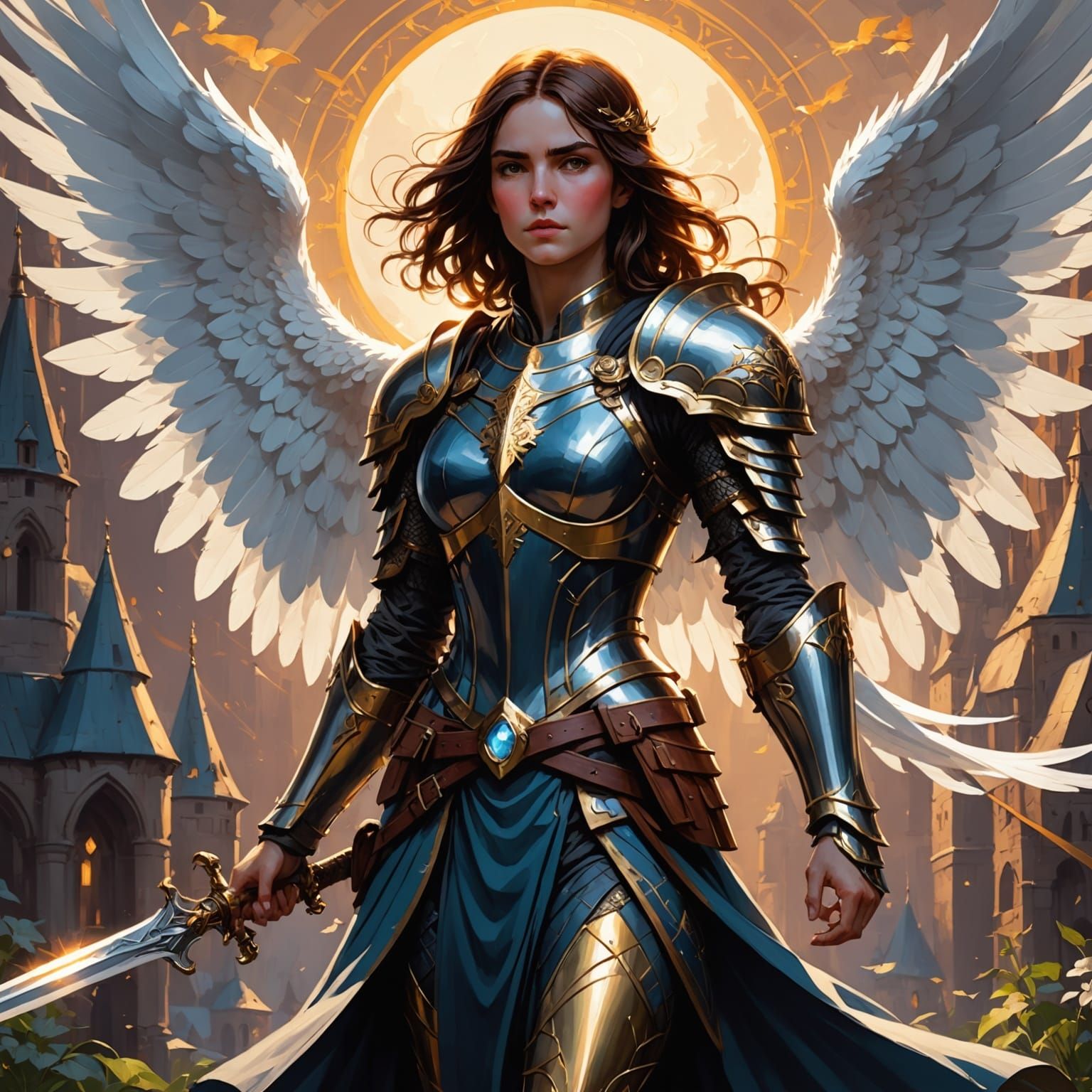Anime Paladin with White Wings in Chiaroscuro Style