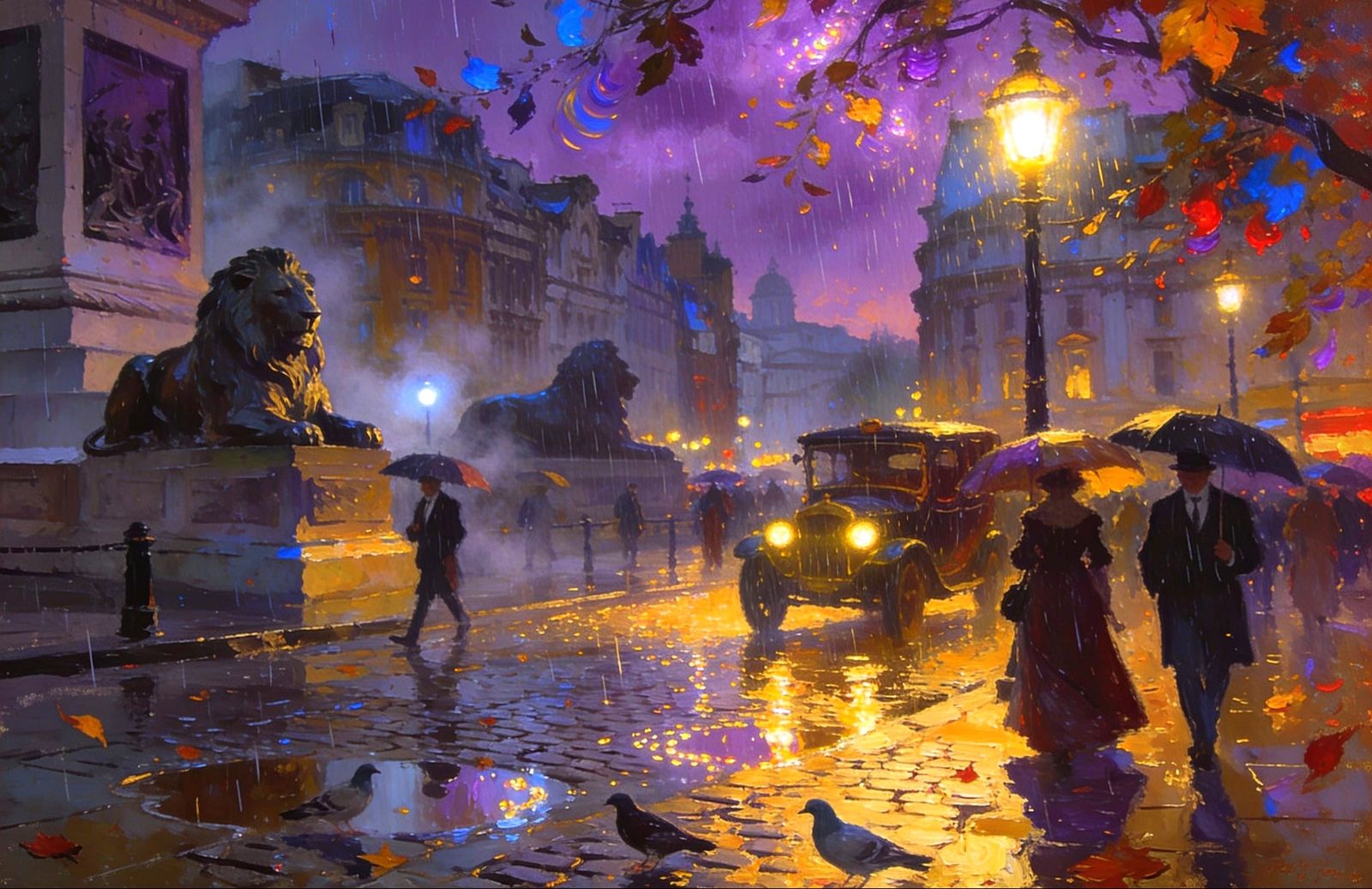 Rainy Victorian London Street Scene in Impressionist Style